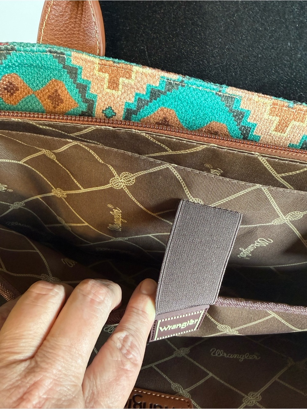 NWT Wrangler Aztec Western Canvas Tote Bag Turquoise Brown Southwestern Purse - Picture 7 of 9